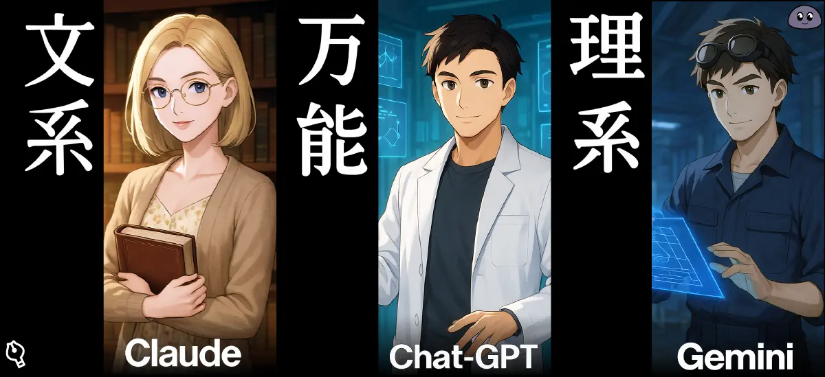 Claude・ChatGPT・Geminiを文系・万能・理系として擬人化したアニメ風イラスト