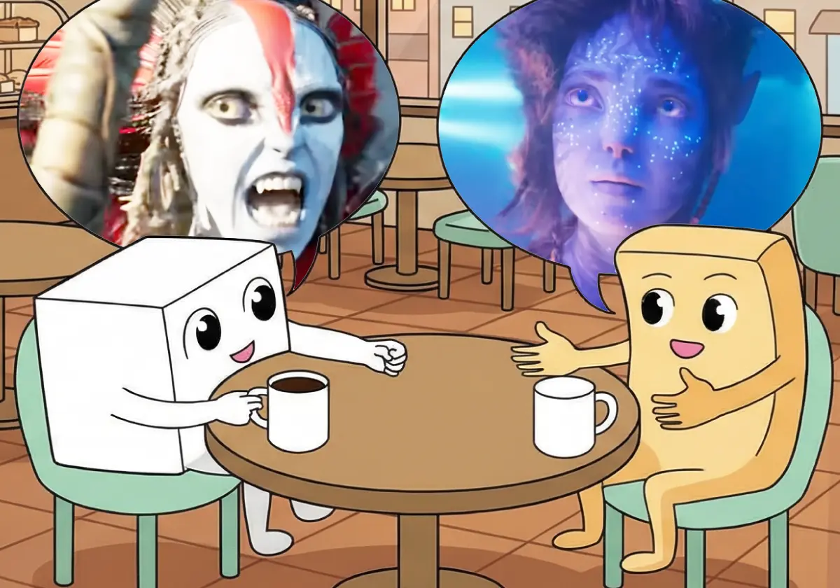 カフェでアバターについて語り合う豆腐と高野豆腐