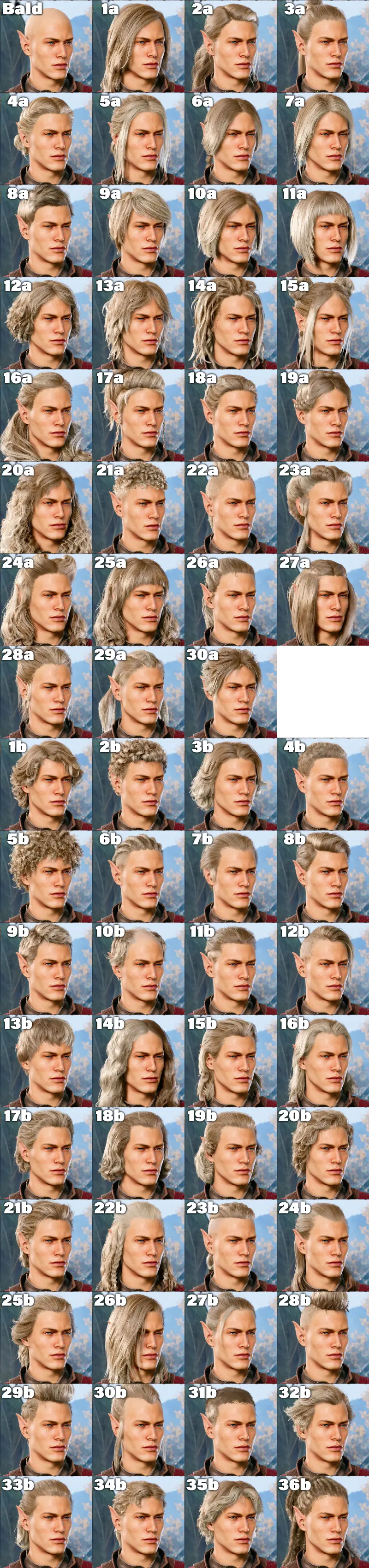 バルダーズゲート3の髪型 エルフ男性 67種類の一覧画像