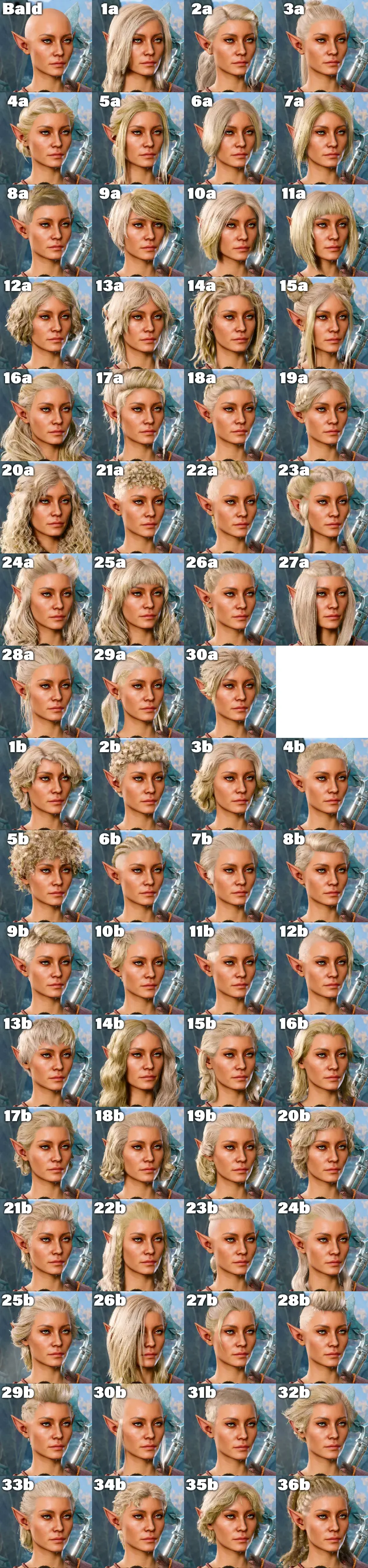 バルダーズゲート3の髪型 エルフ女性 67種類の一覧画像