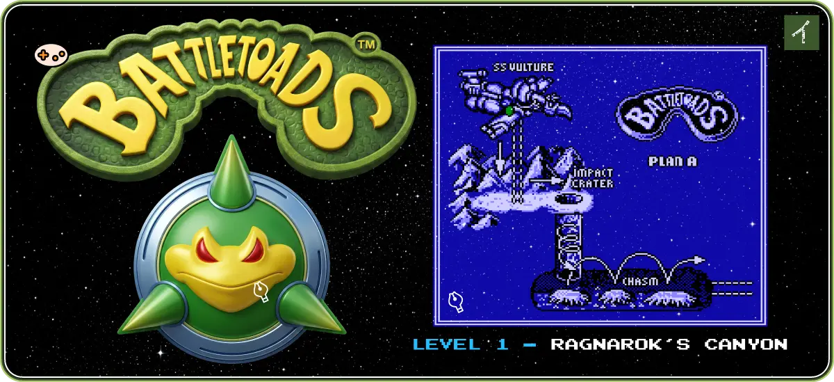 バトルトード ステージ1「ラグナロクの渓谷」ゲーム画面 - トードがウォーカーと戦闘中