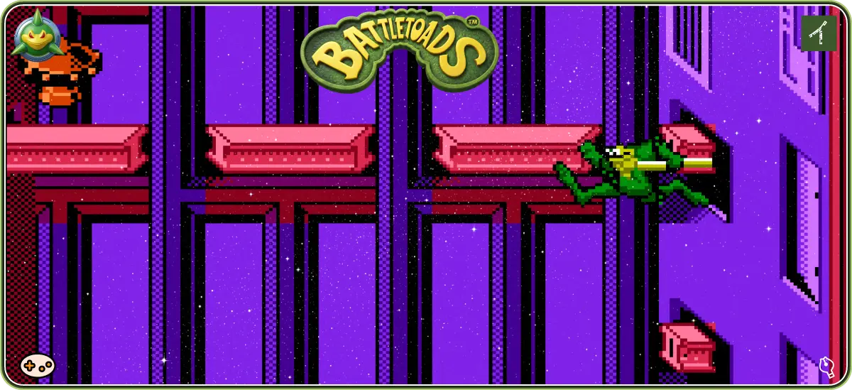 バトルトード ステージ8「トードが塔のエレベーターシャフトを垂直に駆け上がる強制縦スクロールアクション」ゲーム画面