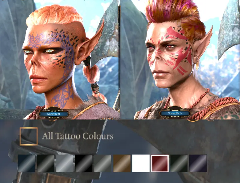 バルダーズゲート3のギスヤンキ男女のタトゥーの色の違いの比較画像