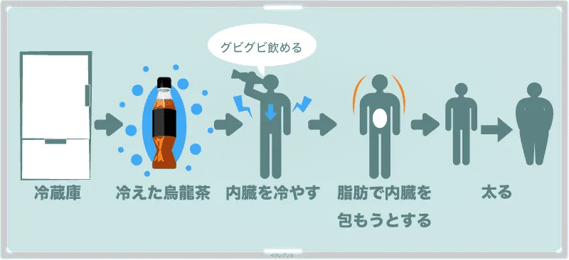 冷たい飲み物は内臓を冷やすので代謝が落ちるので、内臓に脂肪を貯めやすくなり太りやすくなる。