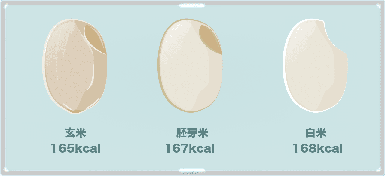 玄米 165kcal、胚芽米 167kcal、白米 168kcal