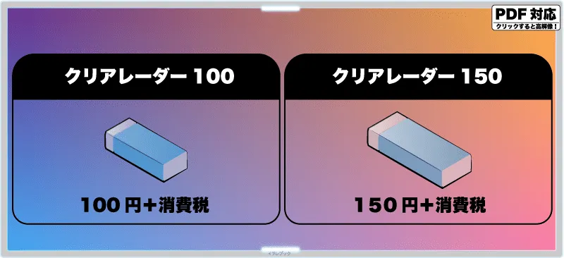 クリアレーダー100は100円＋消費税、クリアレーダー150は150円＋消費税