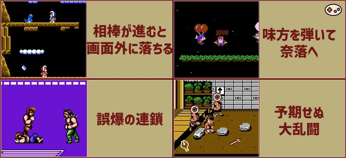 協力しながらもハプニングが起きるゲームの例。アイスクライマー、バルーンファイト、ダブルドラゴンII、ダウンタウン熱血行進曲の4タイトルで、協力プレイ中に発生する予期せぬハプニングのシーンを比較