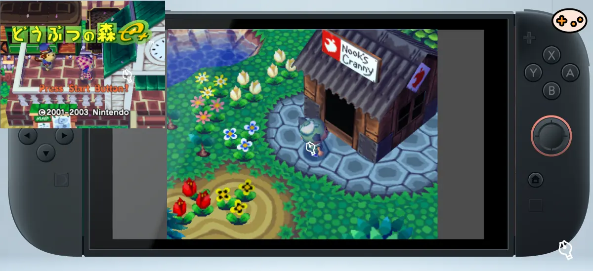 Nintendo Switch画面に表示されたどうぶつの森+の村の風景。主人公がどうぶつたちと交流する温かな日常