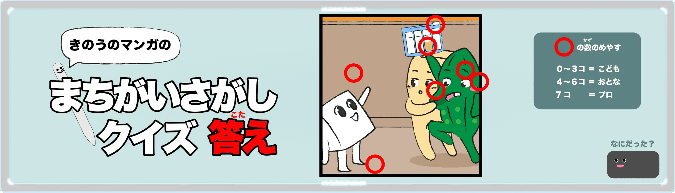 きのうのマンガの間違い探しクイズの答え　4コマ漫画「親友」より