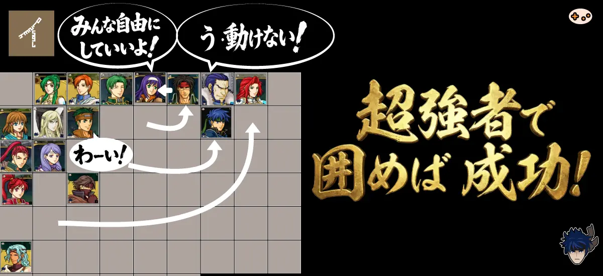 アシュナードを左右下で囲んで動きを封じ込める