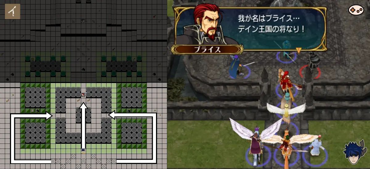 前半侵攻マップルートとブライスとの戦闘シーンのスクリーンショット