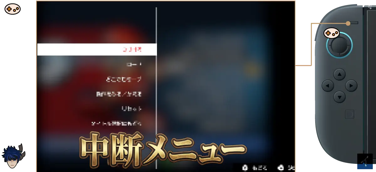 中断メニューのボタンとその画面イメージ