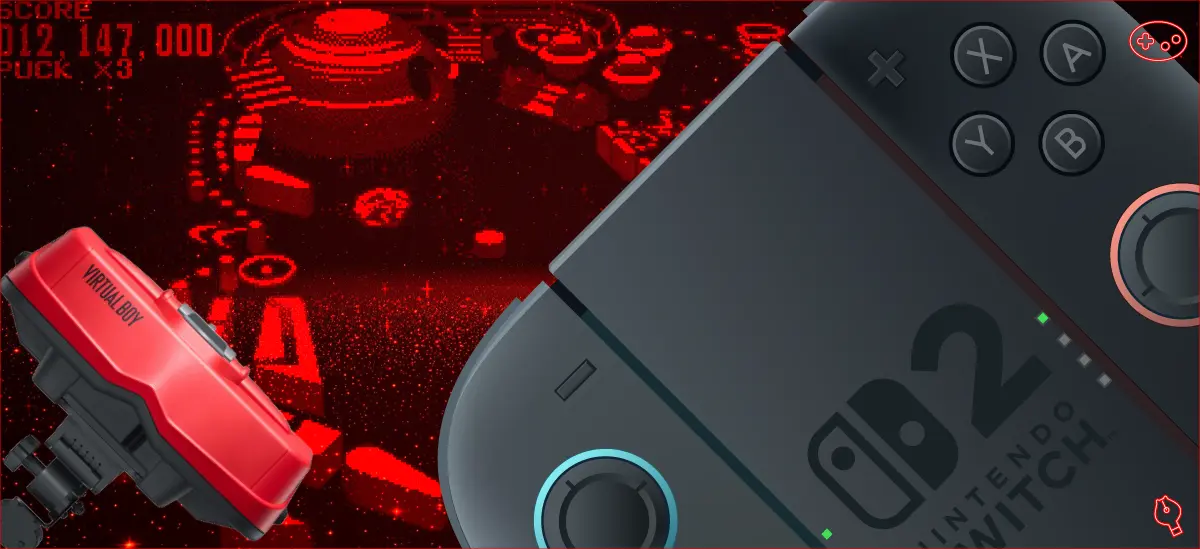 ギャラクティックピンボールのゲーム画面とバーチャルボーイ本体とスイッチ2のコントローラー画像