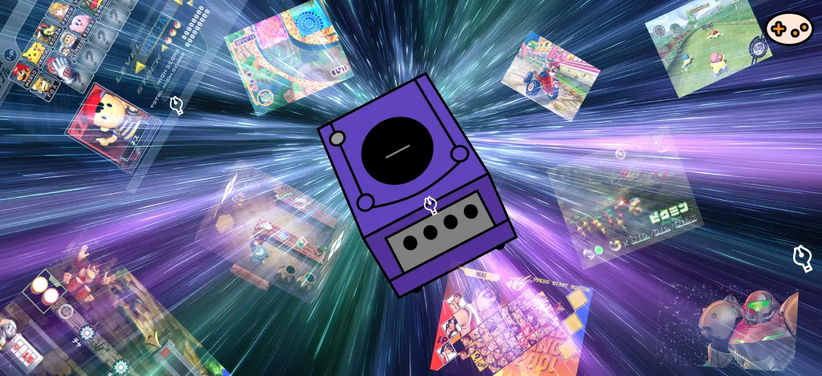 時空を突き抜けるかのように、ゲームキューブとゲームがすごいスピードで中央に向かっていく様子