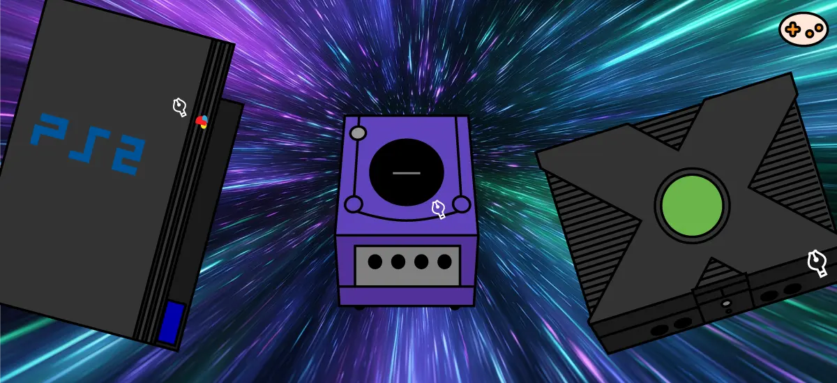 時空を突き抜けるかのように、ゲームキューブとPS2、XBOXが猛烈なスピードで中央に向かっていく様子