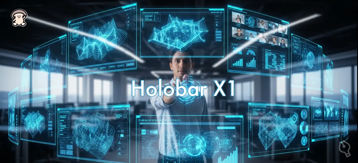 Holobar X1のプロモーションイメージとスマートキーボード、フォリオ、プロスタンドたち