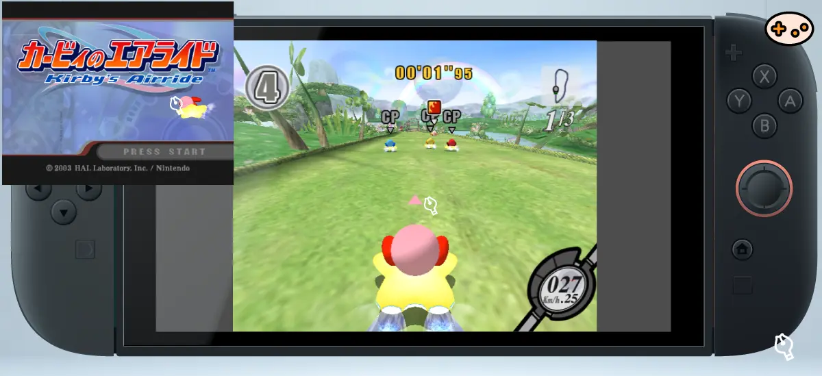 Nintendo Switch画面に表示されたカービィのエアライドのシティトライアル。カービィがエアライドマシンで箱庭を探索する様子
