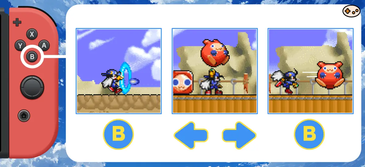 1.風だま発射 2.敵を捕まえる 3.敵を投げる の3コマ画像