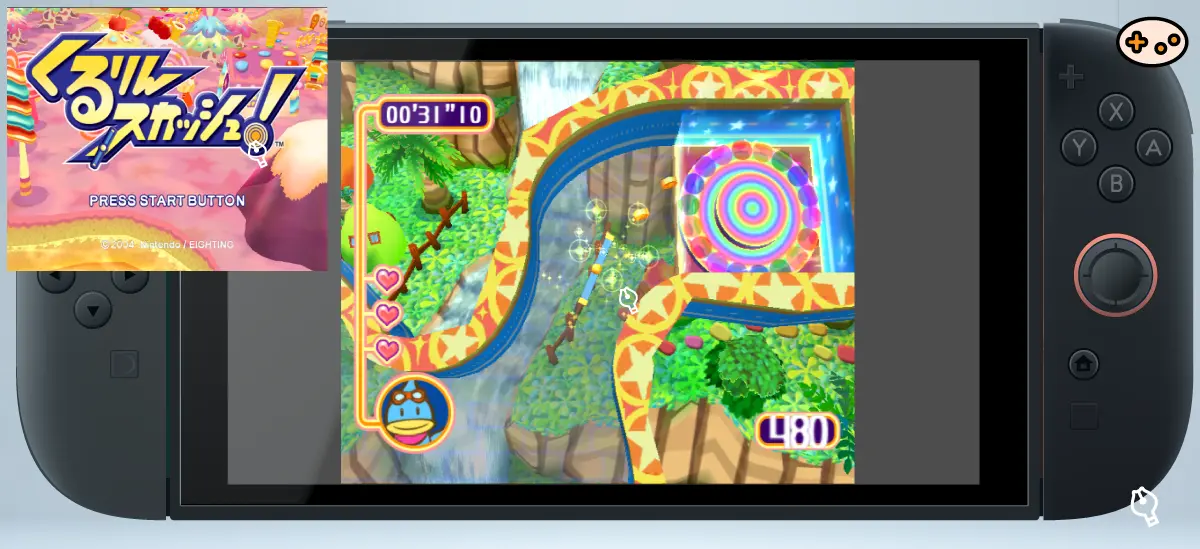 Nintendo Switch画面に表示されたくるりんスカッシュ!のゲーム画面。回転するヘリリンが3D空間を進む様子