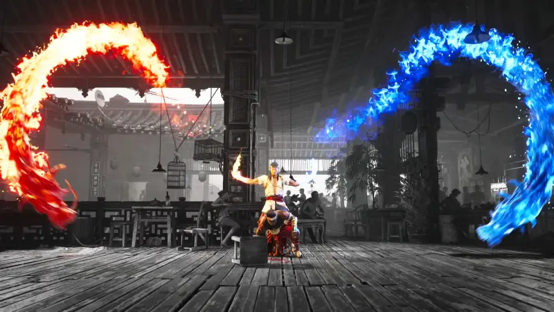リウ・カンのフェイタリティ技は赤と青のドラゴンを両腕から出す