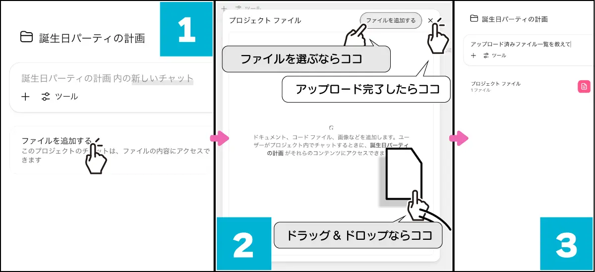 ChatGPTのプロジェクトでのファイルを追加する手順を示した図