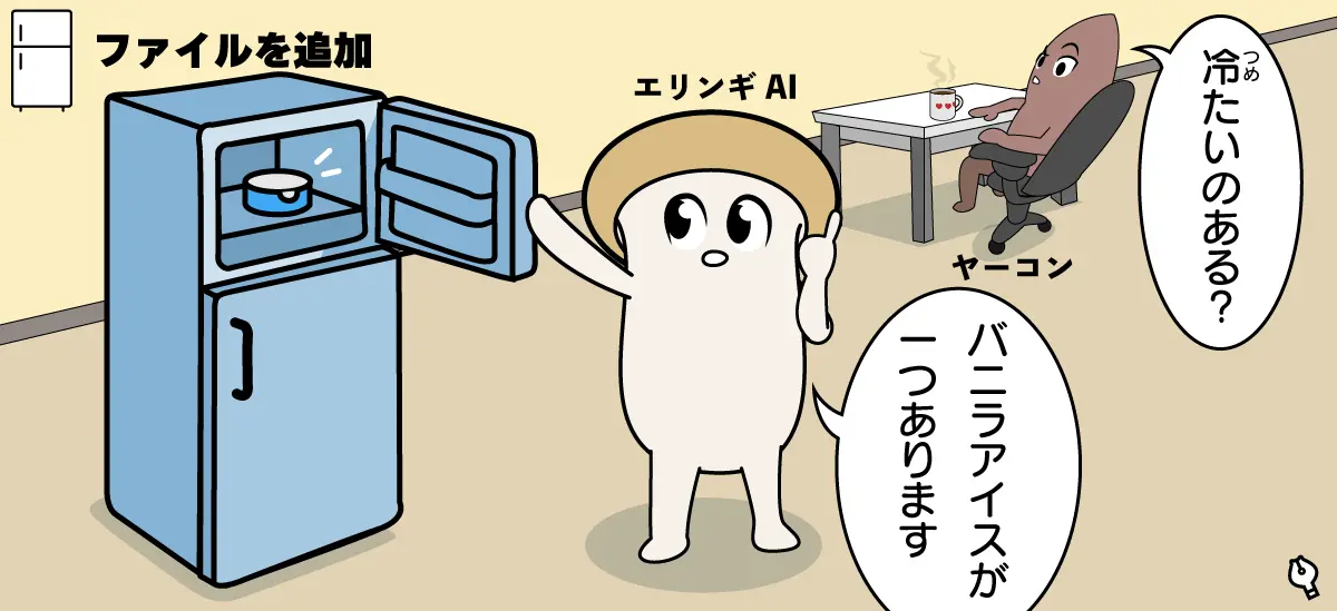 「ファイルを追加するは冷蔵庫のようなもの」エリンギAIとヤーコンの漫画