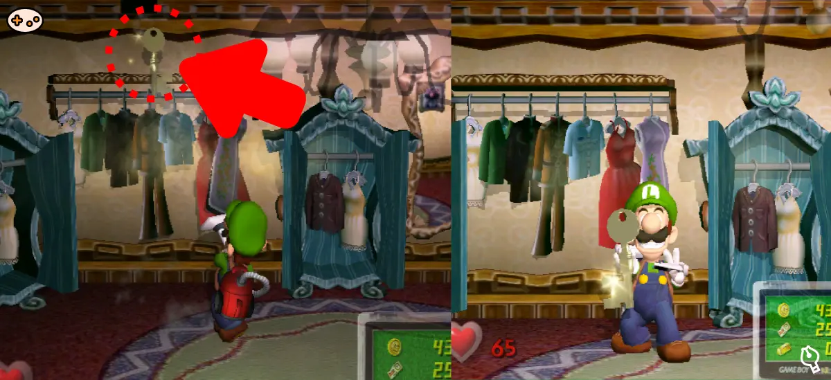 ルイージマンション クローゼットにある鍵の場所のスクリーンショット