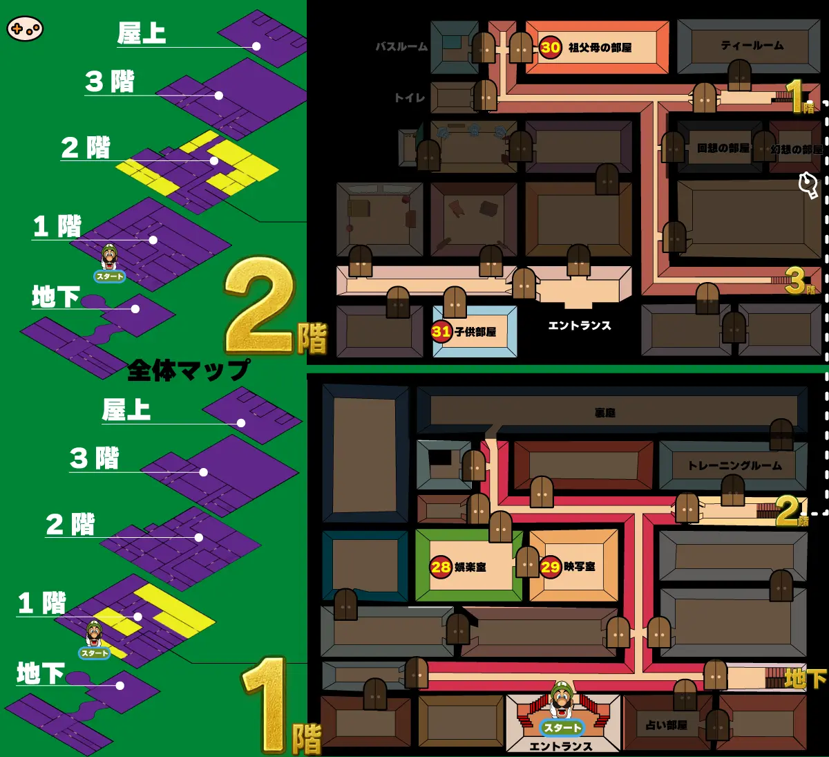 ルイージマンション 全体マップ エリア3娯楽室〜子供部屋攻略への道