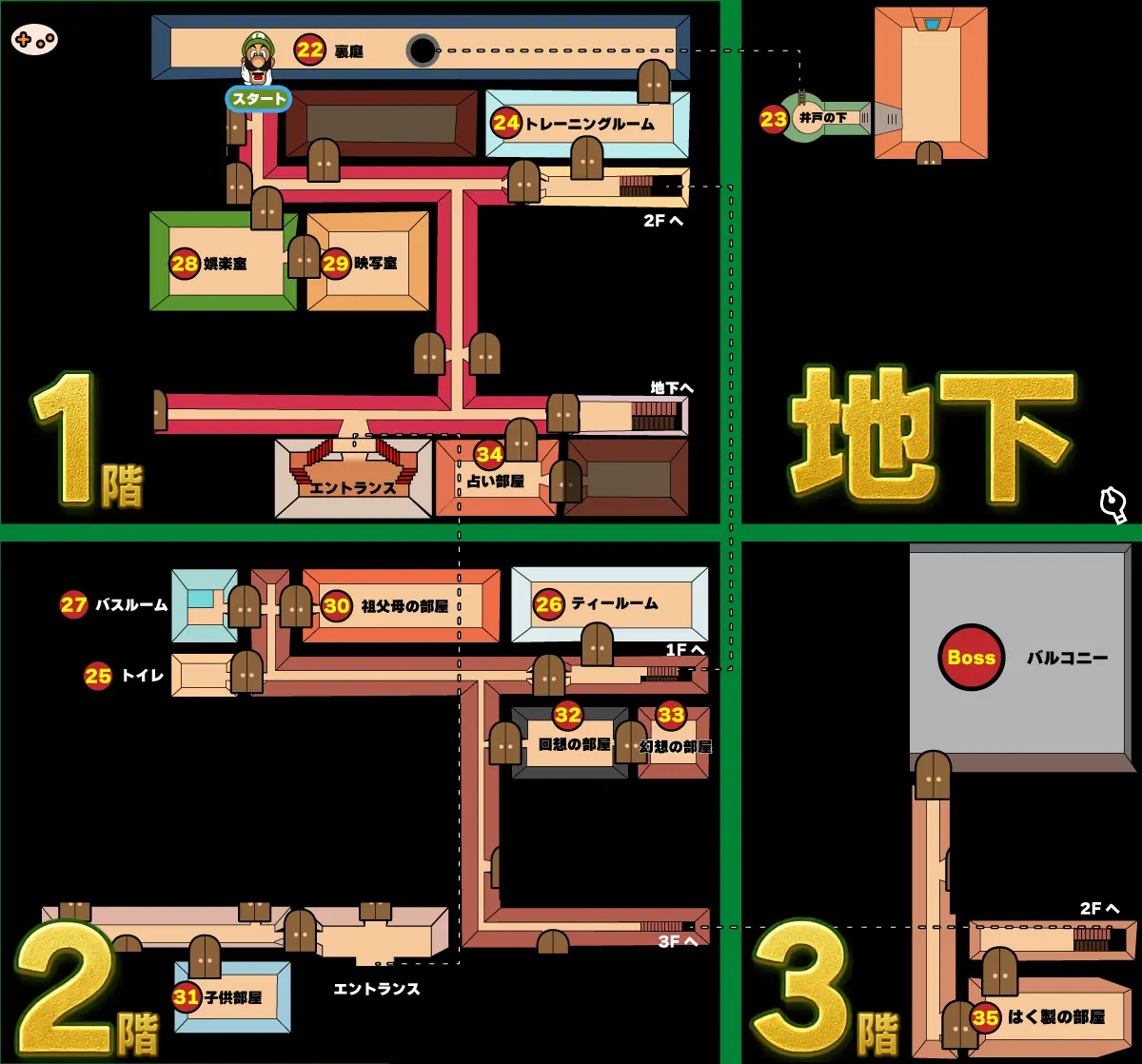ルイージマンション エリア3 部屋ガイドマップ