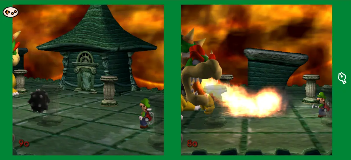 ルイージマンション クッパとは距離を保ちボールを吸い取ってクッパの口にあてるスクリーンショット