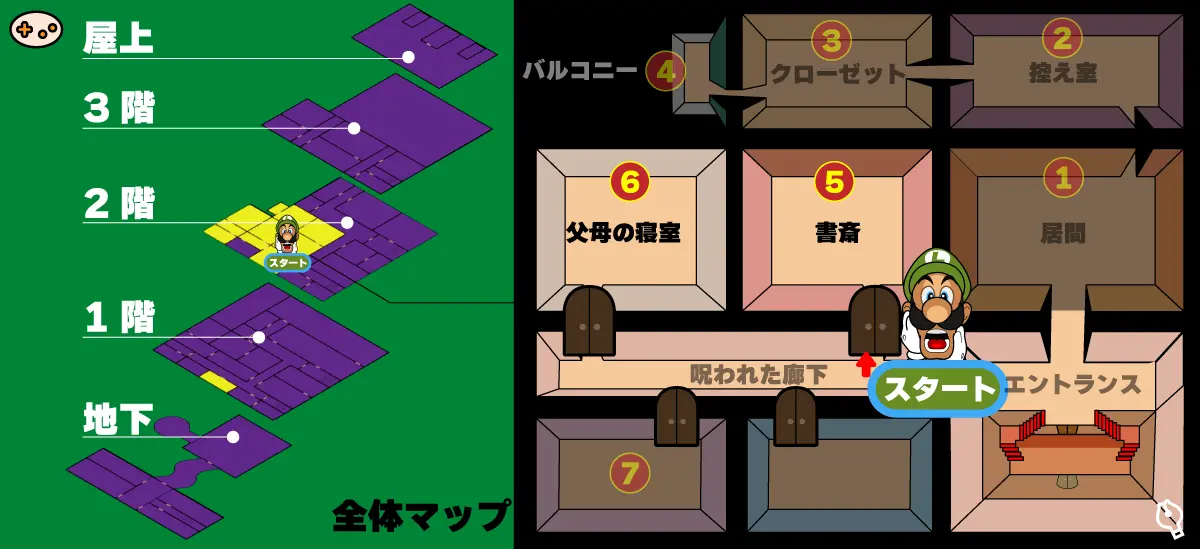 ルイージマンション 全体マップ エリア1攻略 控え室〜クローゼットへの道