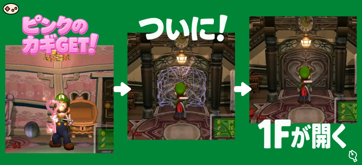 ルイージマンション ピンクの鍵で1Fを開けているスクリーンショット