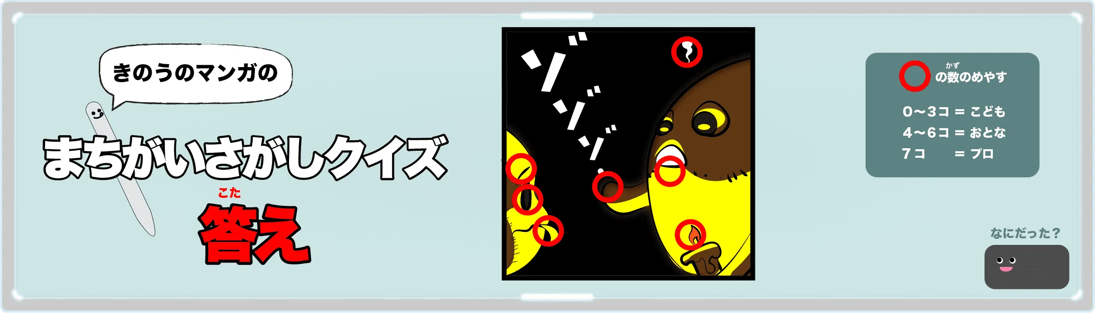 きのうのマンガの間違い探しクイズの答え　4コマ漫画「クルミたちの本当にあった怖い話」より