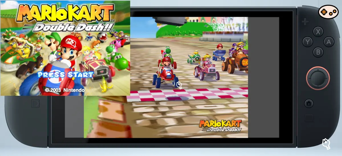 Nintendo Switch画面に表示されたマリオカート ダブルダッシュ!!のレース画面。2人乗りカートでコースを疾走する様子