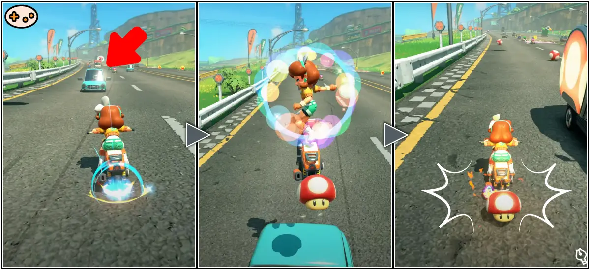 巨大障害物をチャージジャンプでまとめて回避するシーン