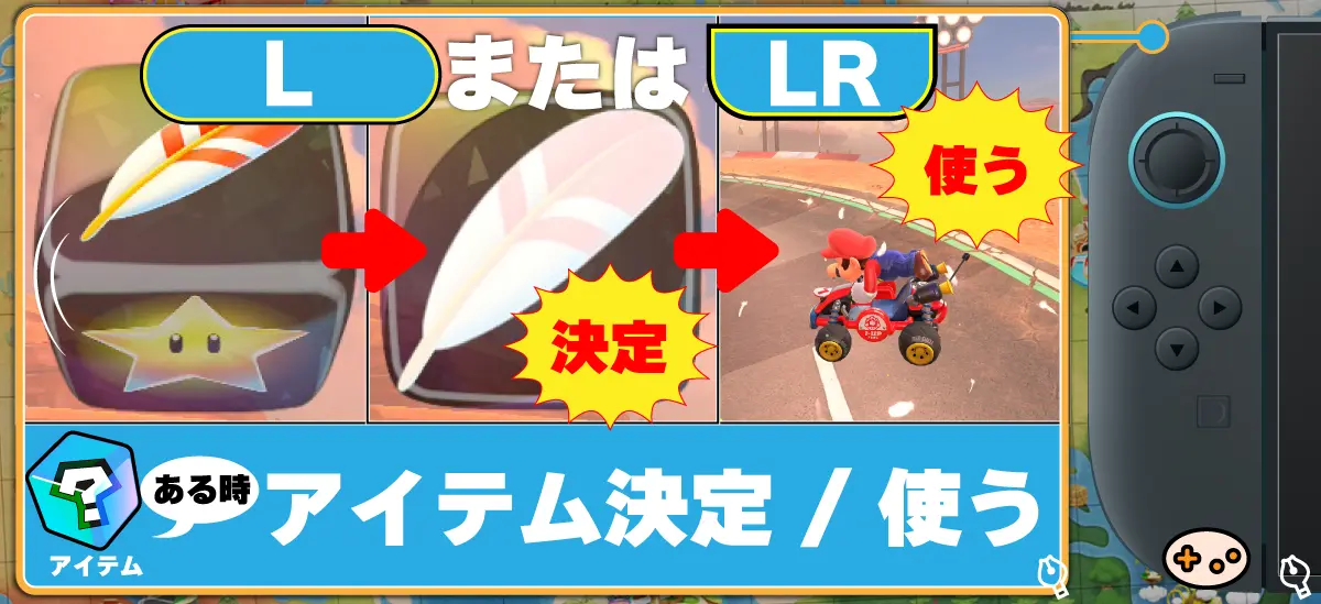マリオカートワールド L/ZLボタン アイテム使用操作とゲーム画面