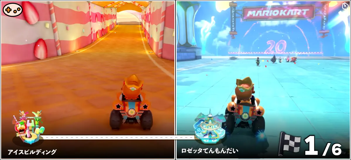 マリオカートワールドの「アイスビルディング」ステージ。氷とお菓子のような世界が広がるゲーム画面