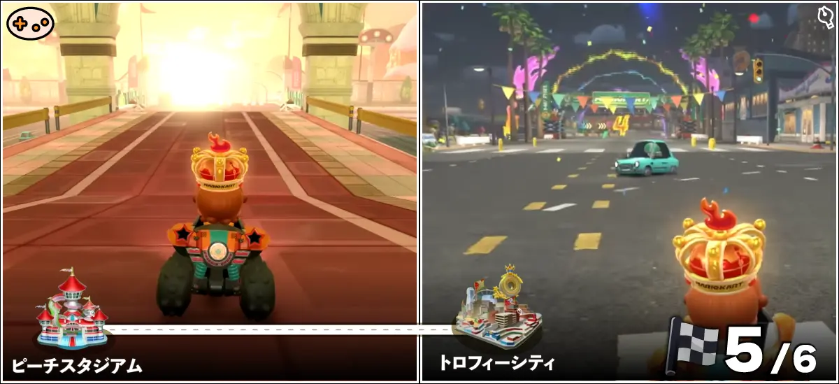 ピーチスタジアム周辺のゲーム画面。華やかなスタンドや観客が並ぶコース