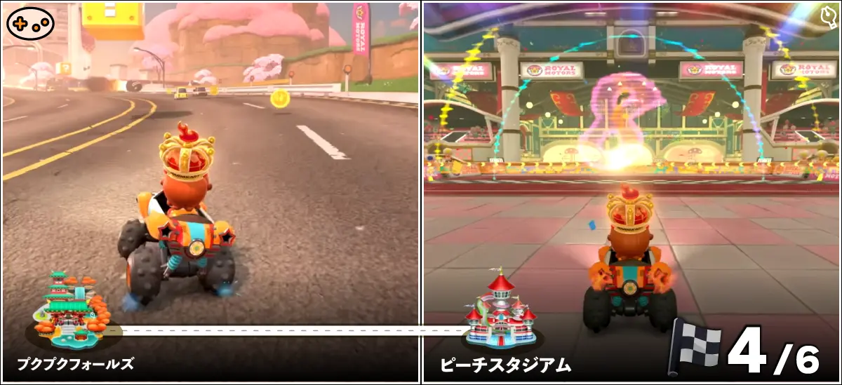 プクプクフォールズ付近のゲーム画面。池や滝など水辺が多いコース