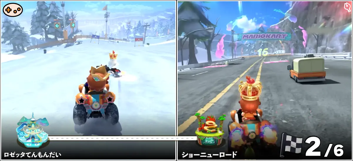 マリオカートワールドの「ロゼッタてんもんだい」コース。ゲレンデのような場所を滑るゲーム画面