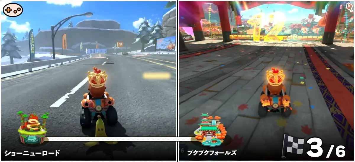 マリオカートワールドの「ショーニューロード」周辺。緑豊かな道を走るゲーム画面