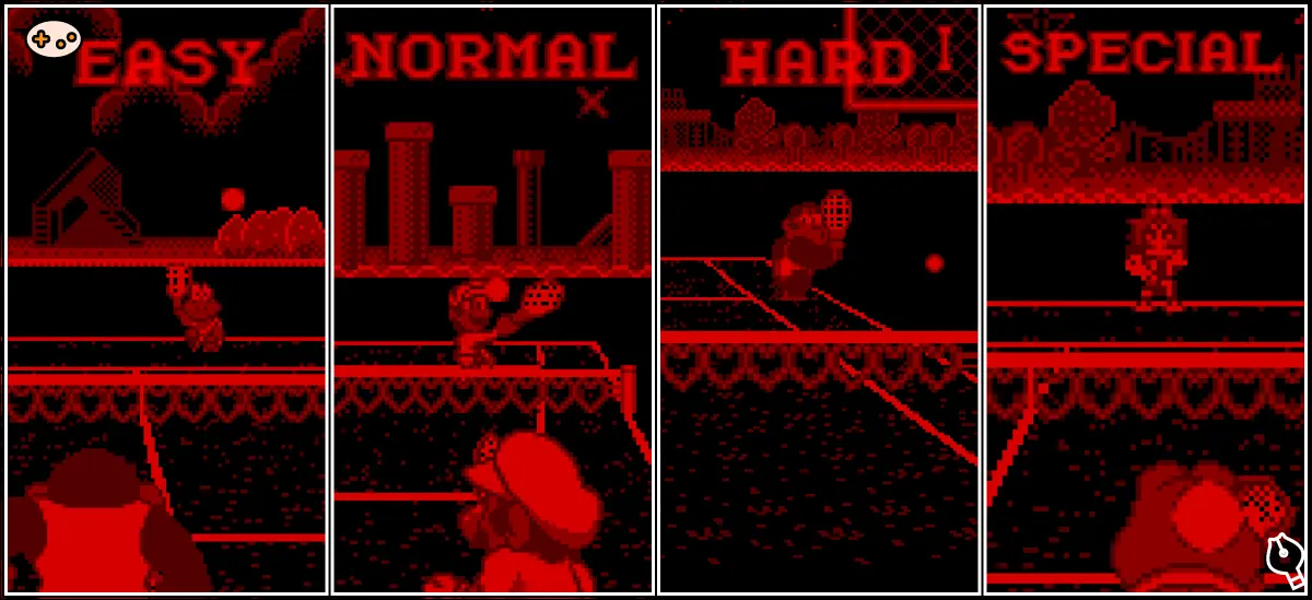 マリオズテニスの難易度別AI行動パターン比較グラフ。Easy/Normal/Hard/Special Modeの特徴