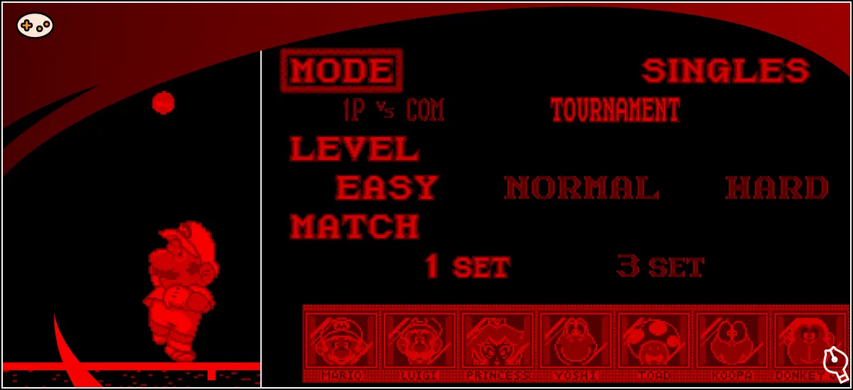 モード選択画面。『1P VS COM』と『TOURNAMENT』の2つのオプションがメニュー形式で表示され、選択カーソルがTOURNAMENTにハイライトされている