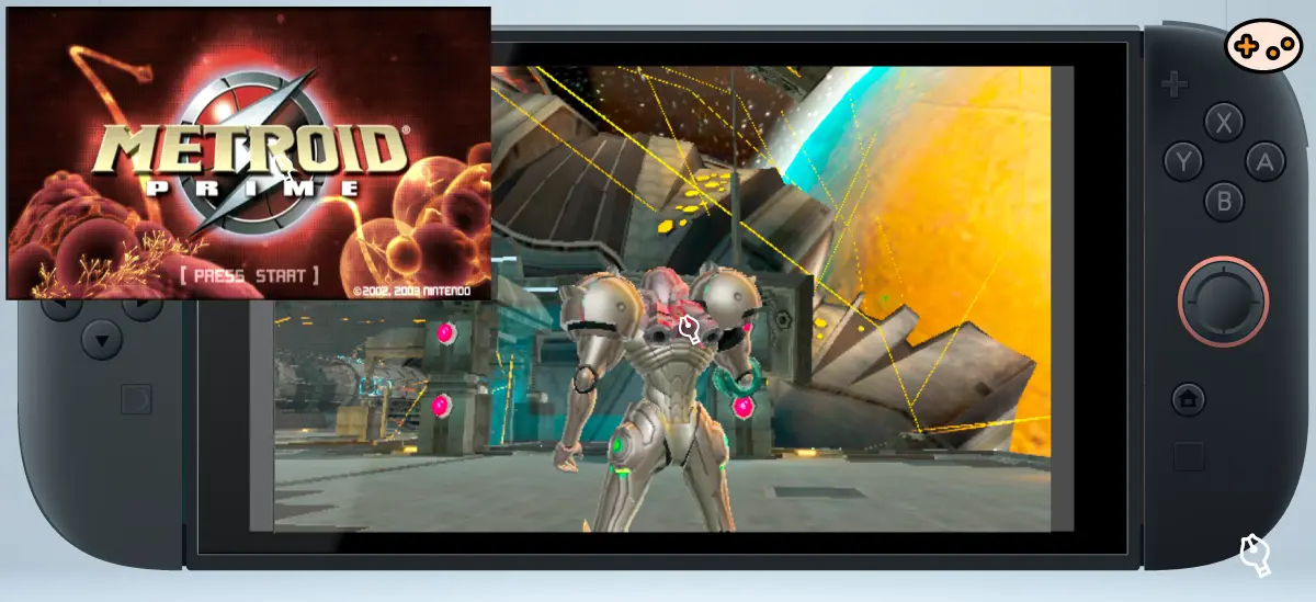 Nintendo Switch画面に表示されたメトロイドプライムのFPS視点画面。サムスのバイザー越しに見る惑星ターロンIVの環境