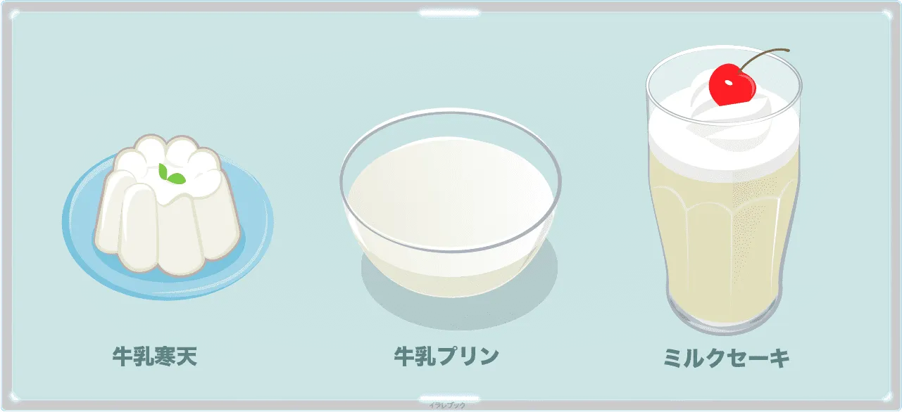 牛乳寒天、牛乳プリン、ミルクセーキ
