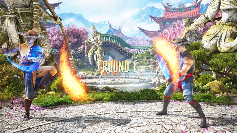 クン・ラオ同士が向き合ってRound1を始める対戦開始ゲーム画面　背景は中華風の庭園で奥には山や御殿や少林寺が見える