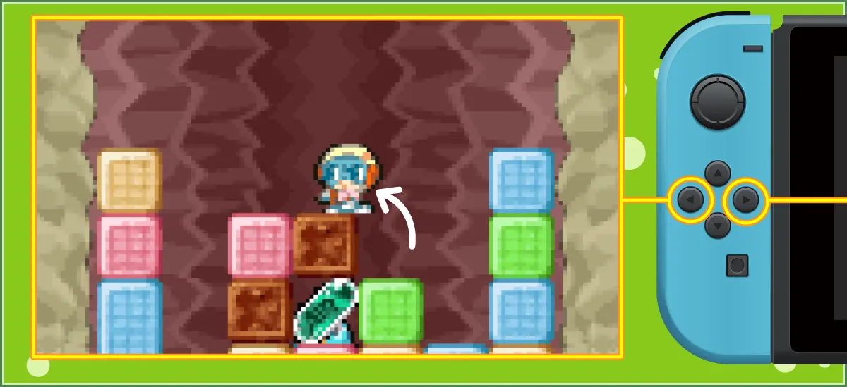 ミスタードリラー2のブロック登りの図解 - 左スティックと十字キーでの長押し操作方法を視覚的に解説