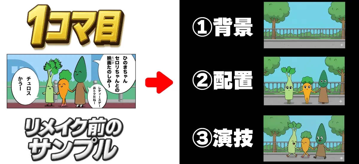 1コマ目のリメイク前の漫画コマとNanobananaで実際に生成するイメージ