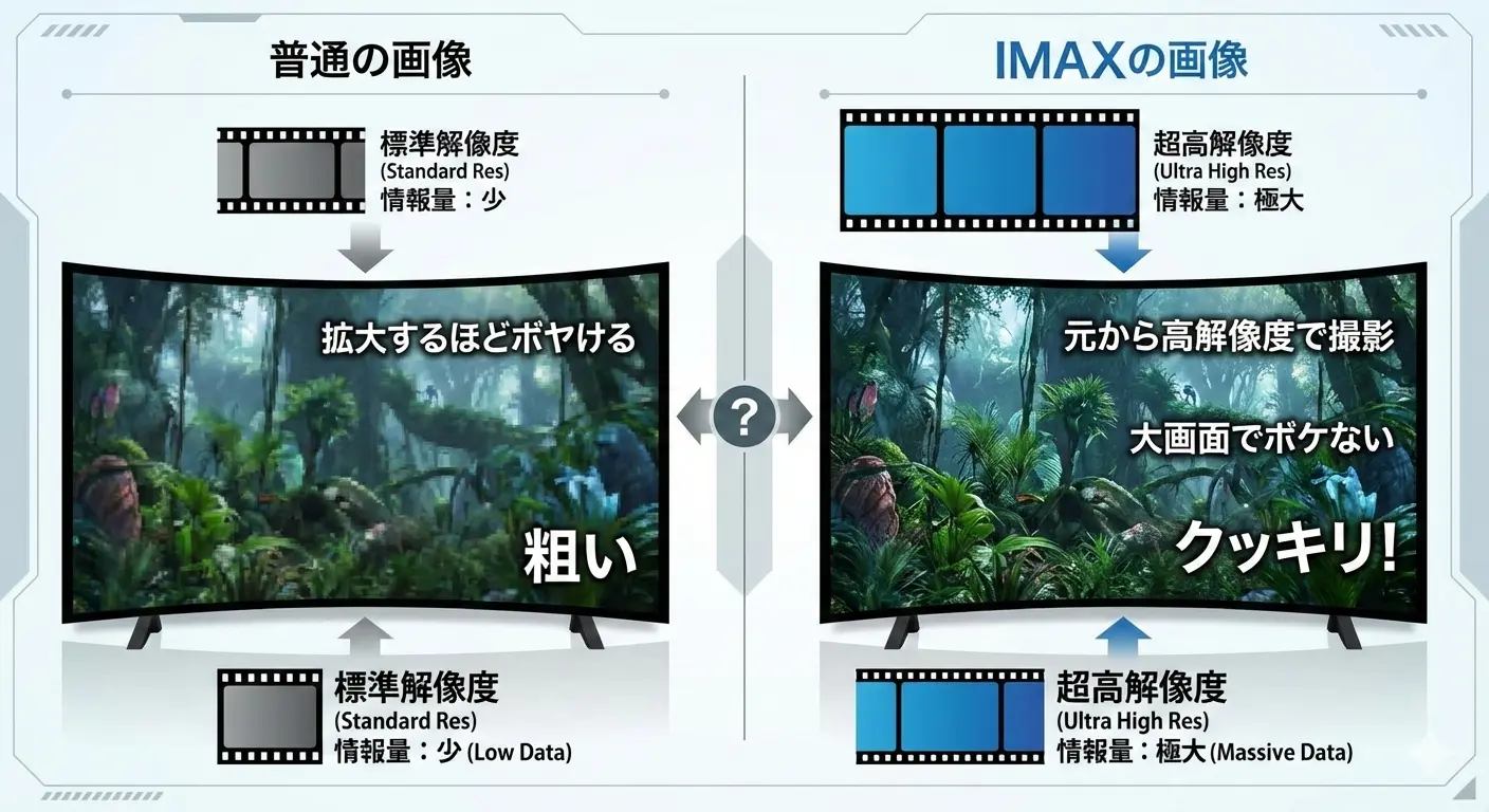 「普通の画像→拡大するほどボヤける」「IMAXの画像→元から高解像度で撮影されるので大画面でボケない」を分かりやすくした図解 nano banana proが描いた画像