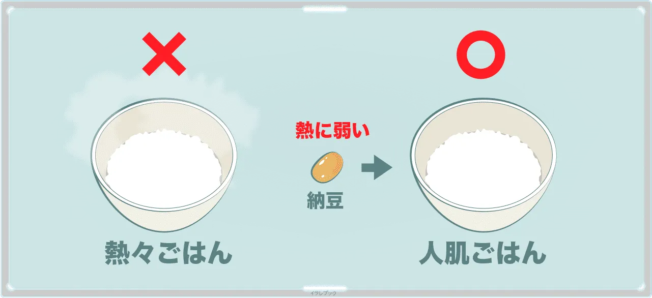 納豆は熱に弱い。人肌ぐらいのご飯にかけよう！